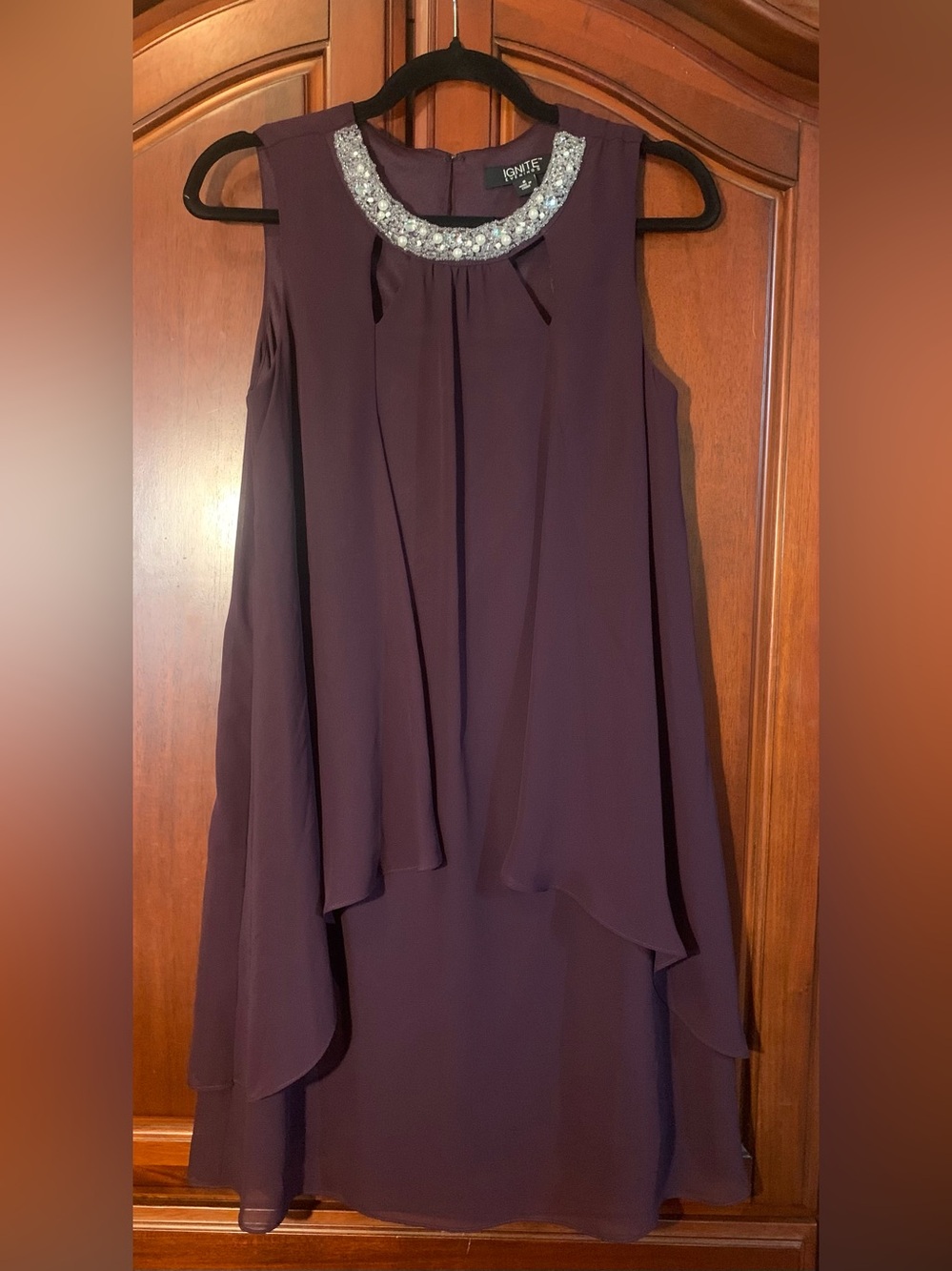 Beaded Neckline High-Low Chiffon Dress - Plum